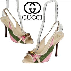 Gucci Pink and Green slingback heels horsebit 8B